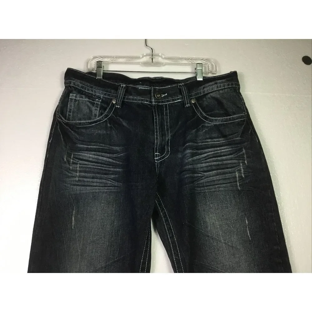OTB Mens Jeans 38X32 Distressed embroidered StreetWear Blue denim cat whiskers - Picture 2 of 9